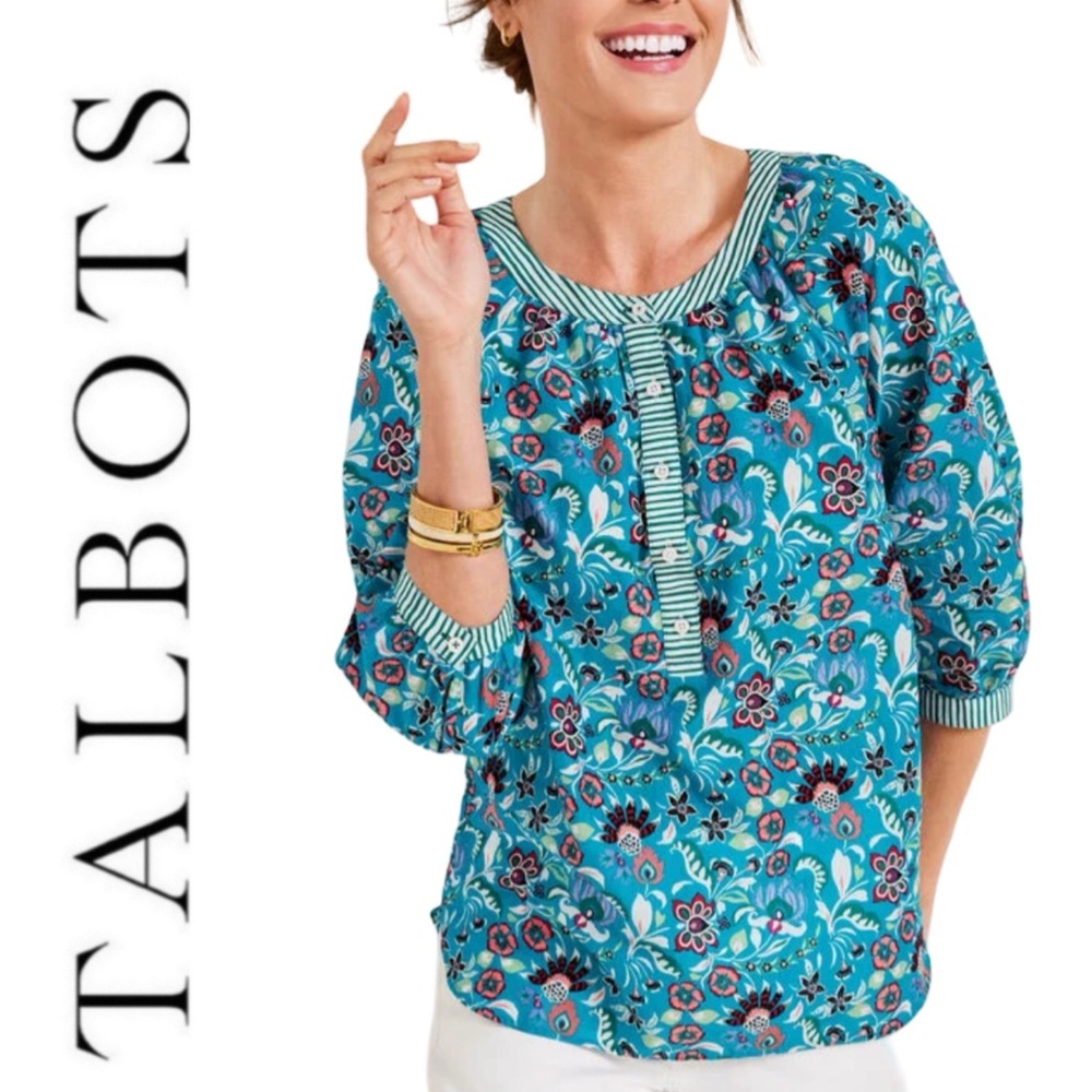 Talbots Band Collar Jacobean Floral Cotton Popover Size Medium